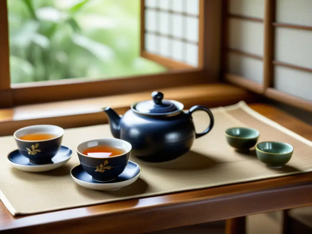 Una escena serena de la ceremonia del té coreano tradicional, con delicadas tazas de porcelana, un exquisito juego de té y una atmósfera auténtica