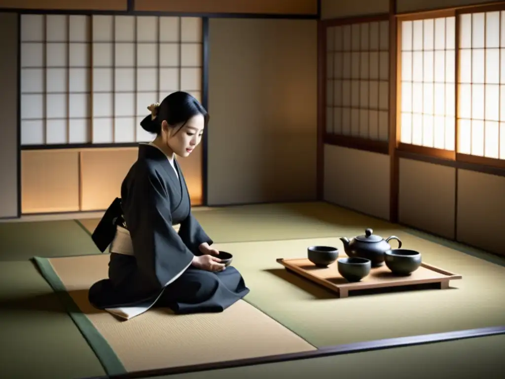 Una escena serena de una ceremonia del té japonés en una habitación minimalista