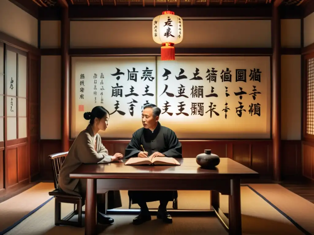 Una escena serena con consultas de I Ching en un ambiente cálido y acogedor