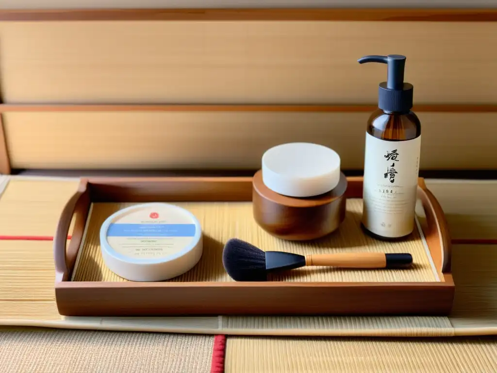 Una escena serena de cosmética japonesa minimalista en una bandeja de madera, sobre un tatami, con luz natural y flores de cerezo