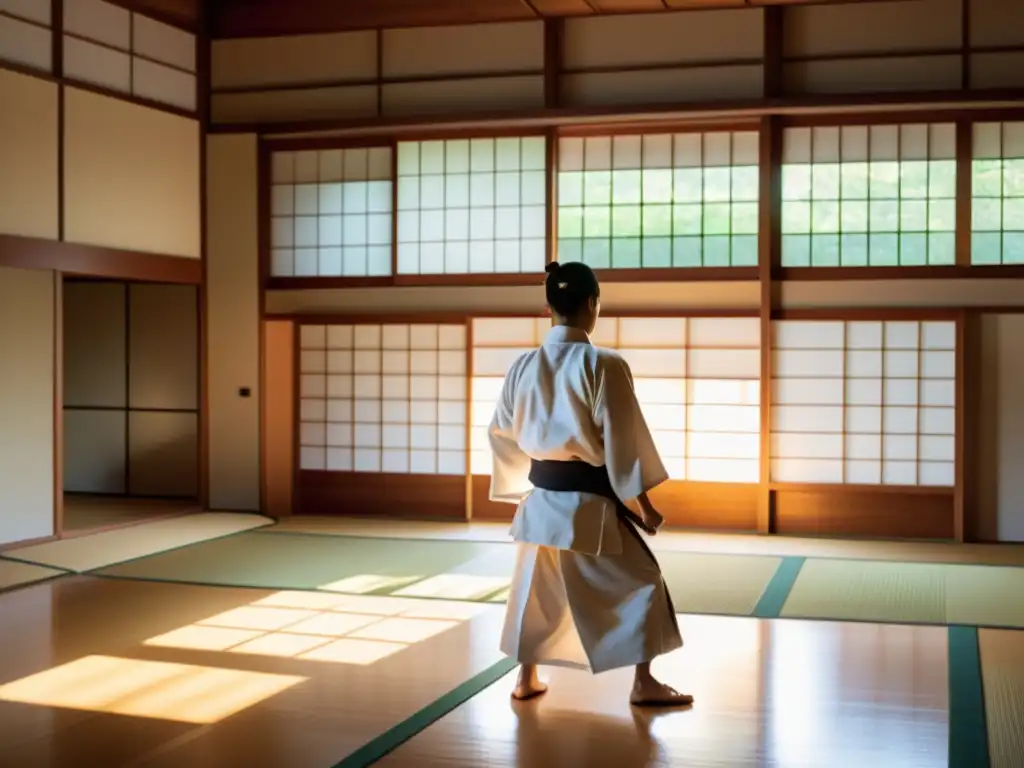 Una escena serena en un dojo de Aikido, con luz natural y un sensei demostrando una técnica con gracia