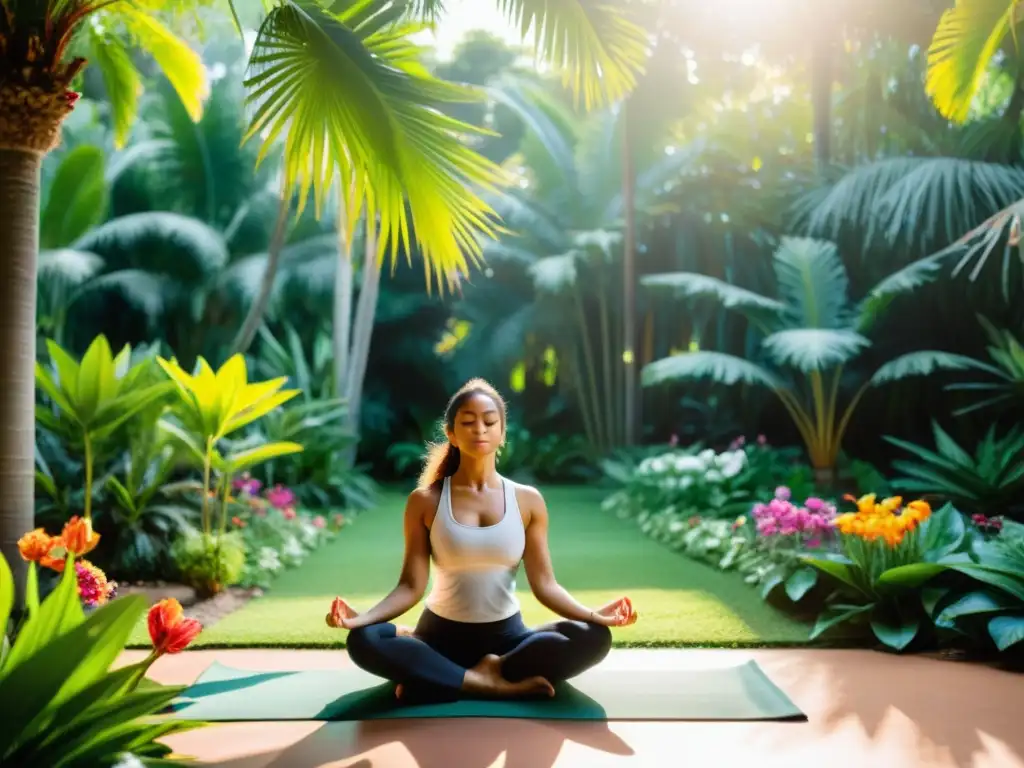 Una escena serena en un jardín exuberante con una persona practicando yoga, rodeada de flores vibrantes y árboles altos