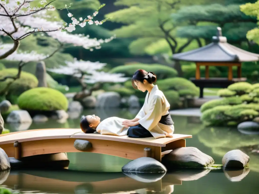 Una escena serena en un jardín japonés con un puente de madera tradicional, rodeado de árboles de cerezo en flor