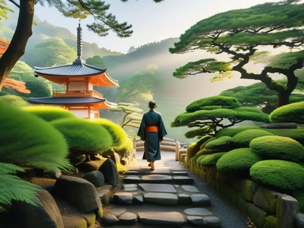 Escena serena en la montaña japonesa con un templo tradicional y una figura solitaria en reflexión