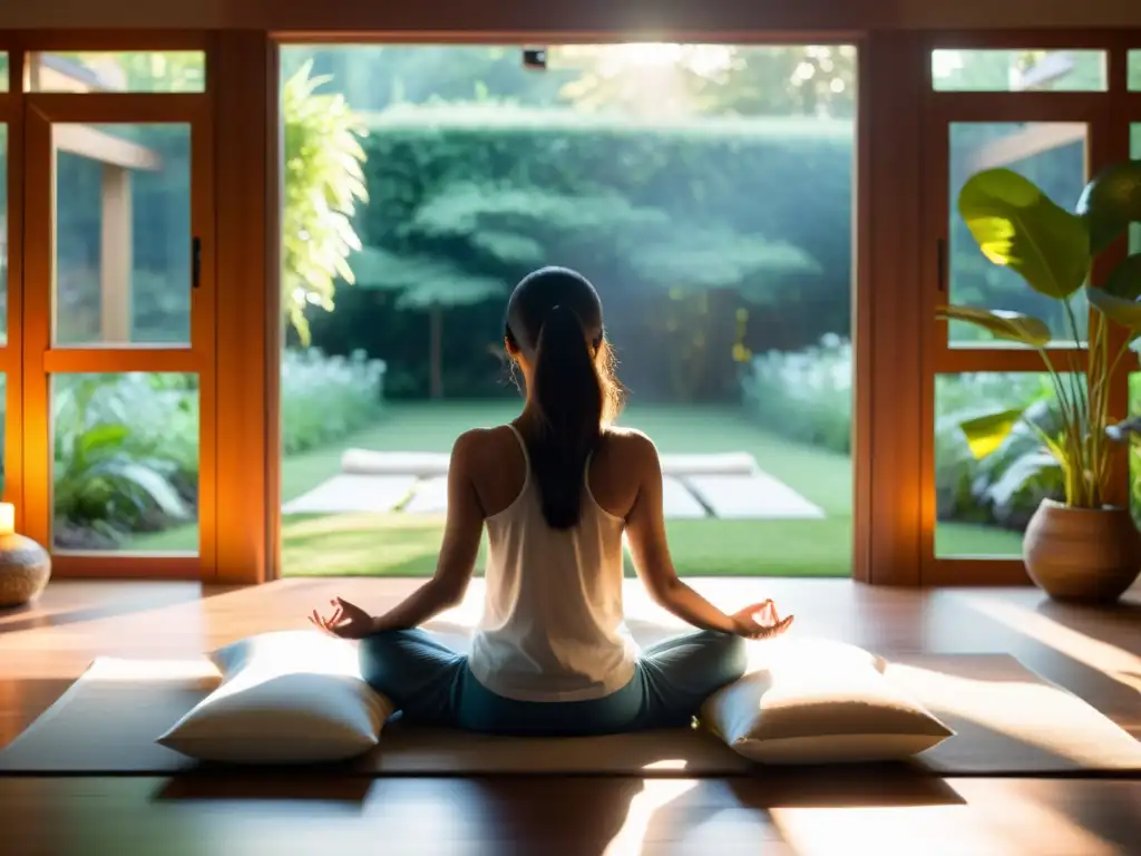 Una escena serena de meditación Zen, con luz cálida y paz en el jardín