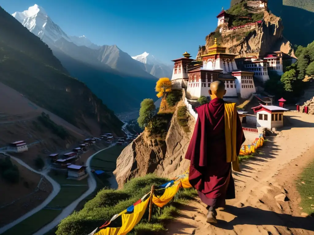 Una escena serena en el Himalaya con un monasterio budista en un acantilado, rodeado de banderas de oración