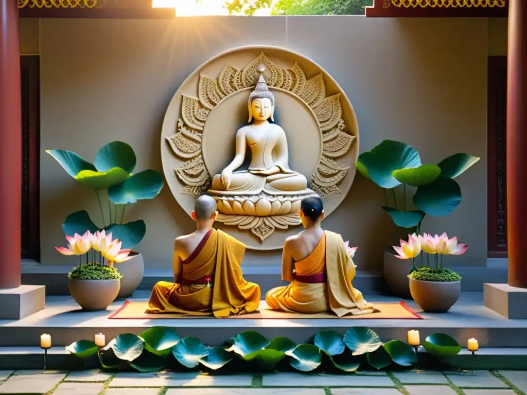 Una escena serena en un templo, monjes Jainistas venerando un relieve del Sutra del Loto, con detalles intrincados y luz dorada