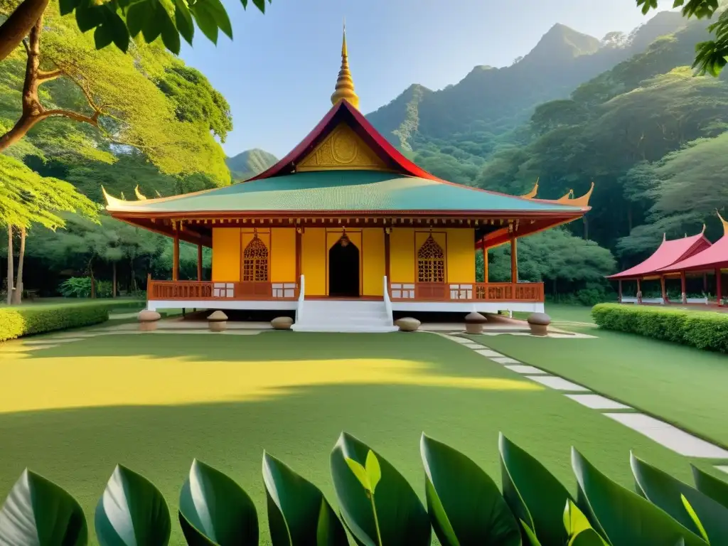 Una escena serena de meditación vipassana al aire libre, con una técnica milenaria en un entorno espiritual y tranquilo