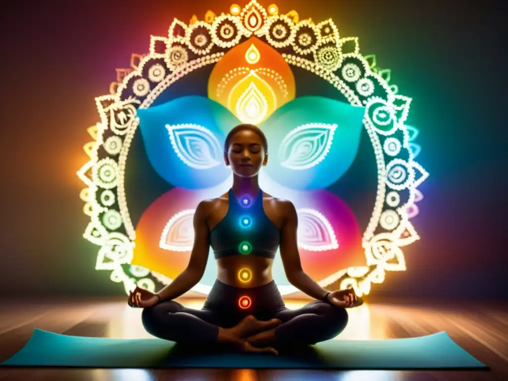 Una escena serena de yoga en una habitación con chakras coloridos brillantes, integración de chakras en salud integral