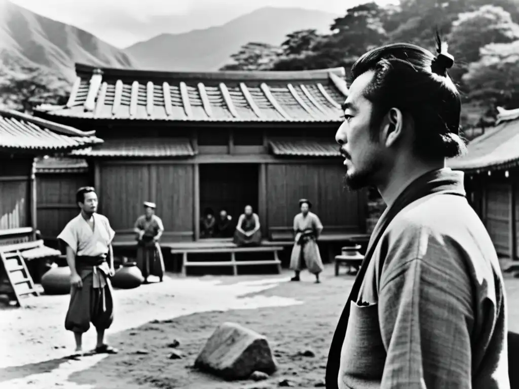 Akira Kurosawa dirige una escena de 'Seven Samurai' en un set histórico, mostrando su influencia del cine de samuráis