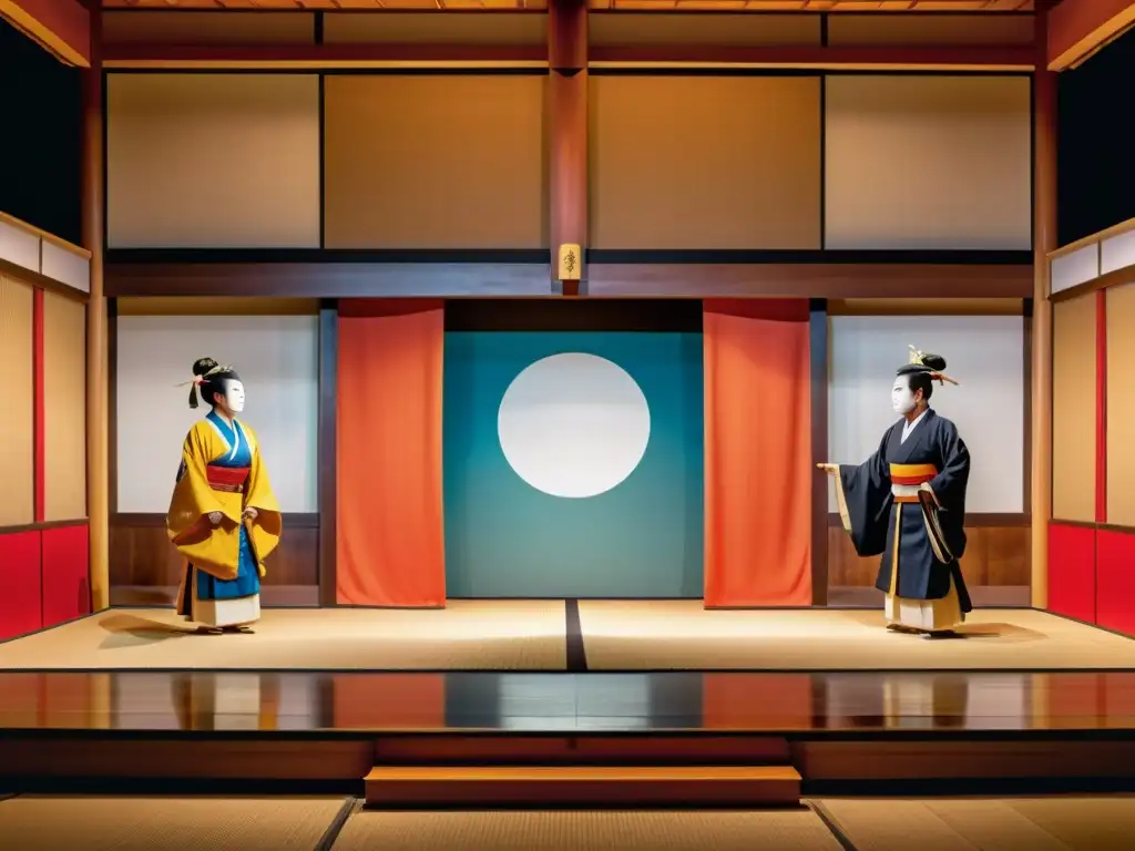 Escena tradicional de teatro Noh japonés, con una atmósfera serena y contemplativa que refleja la influencia de la poesía Noh en el arte y la filosofía zen