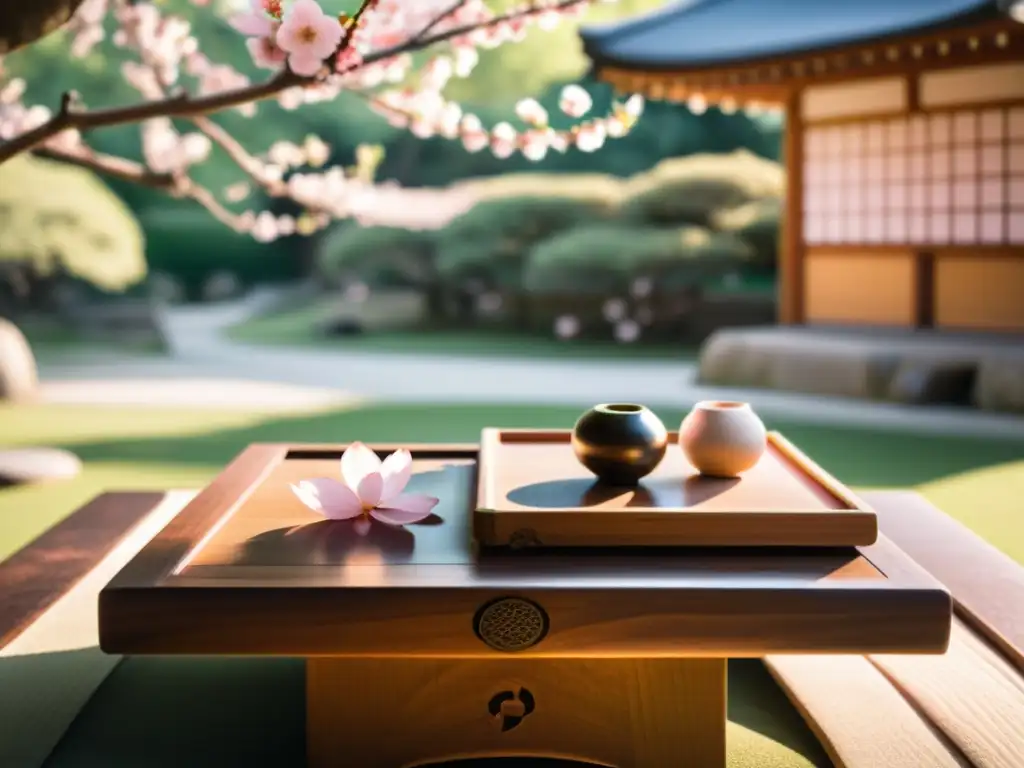 Una escena tranquila en un jardín japonés con un tablero de shōgi, evocando historias y leyendas del shōgi japonés