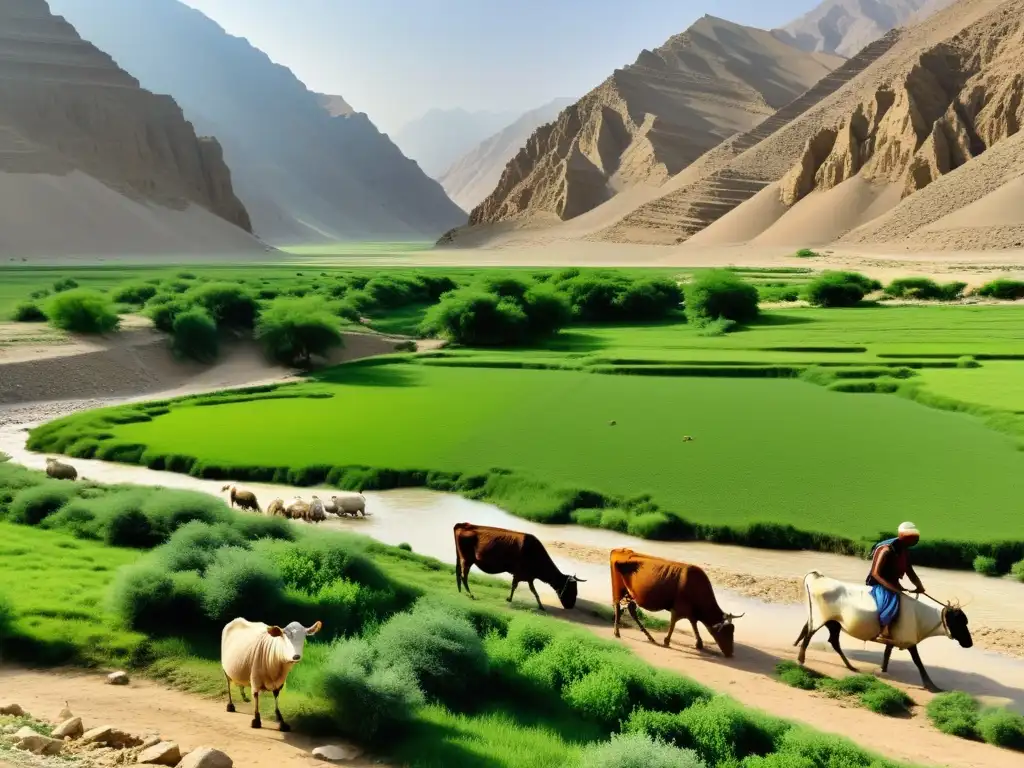Escena de tranquilidad y armonía entre humanos y animales en el Valle del Indo, destacando el significado simbólico de los animales en la región