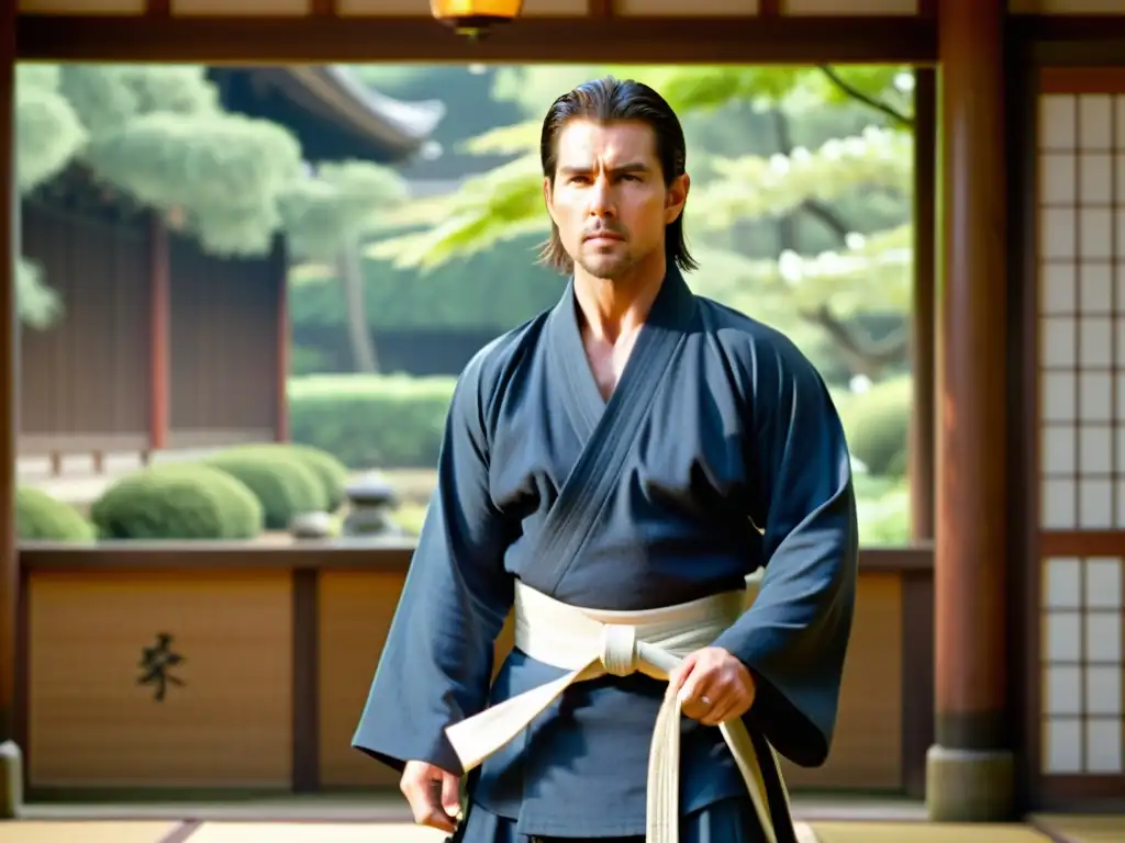 Escena de 'El Último Samurái' con Tom Cruise realizando una técnica elegante de Aikido, rodeado de arquitectura japonesa y vegetación exuberante