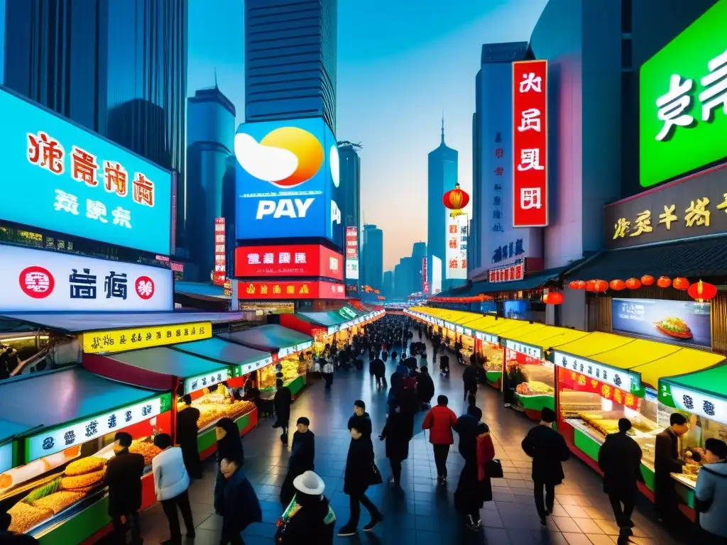 Escena urbana en China con WeChat Pay y Alipay, reflejando la vida cotidiana y la adopción de Fintech en China: WeChat Pay