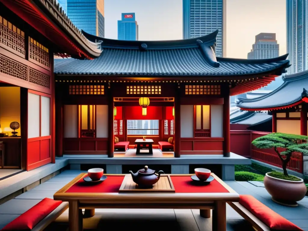 Una escena urbana moderna con un tradicional teahouse asiático, fusionando historia y modernidad