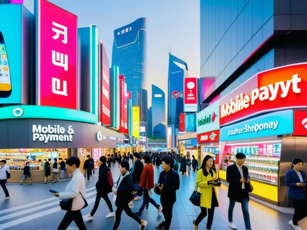 Escena urbana de Seúl, Corea del Sur, con personas utilizando pagos móviles en tiendas y puestos