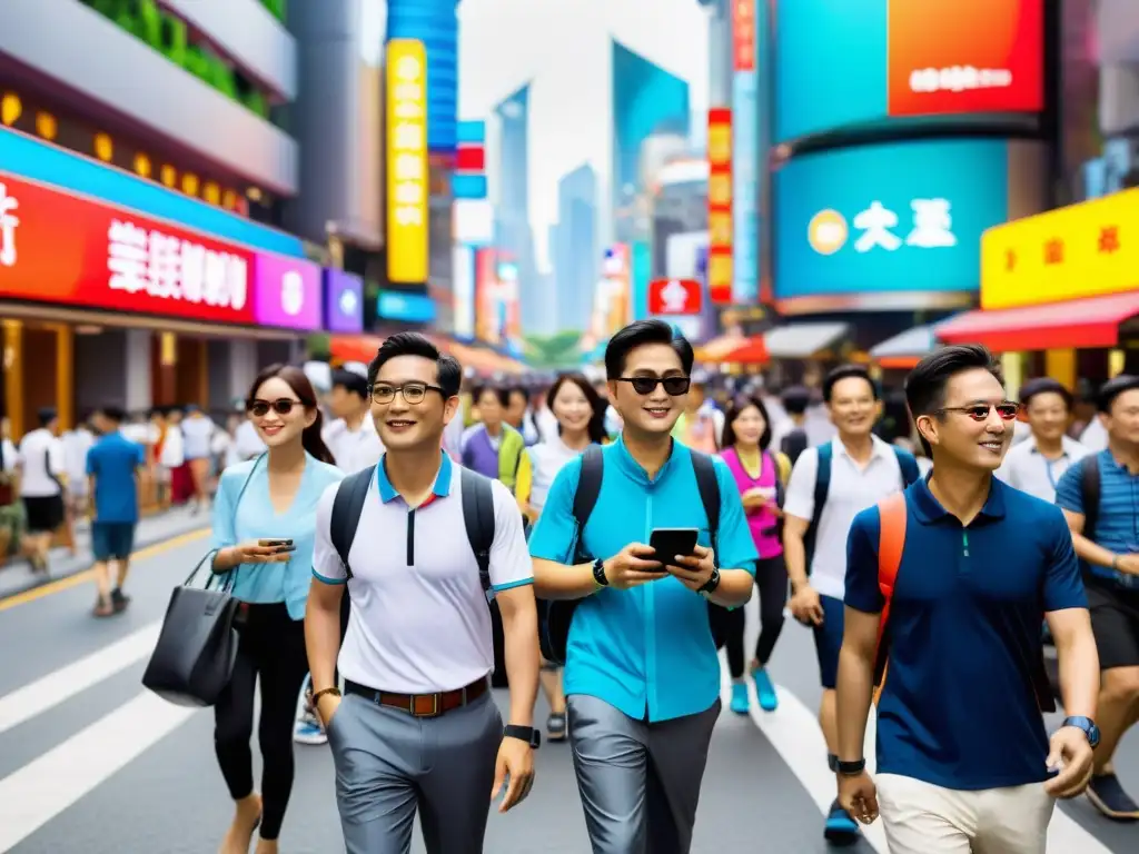 Escena urbana asiática: tecnología wearable y tradición Escena vibrante en una bulliciosa calle de una ciudad asiática, con personas de todas las edades usando tecnología wearable