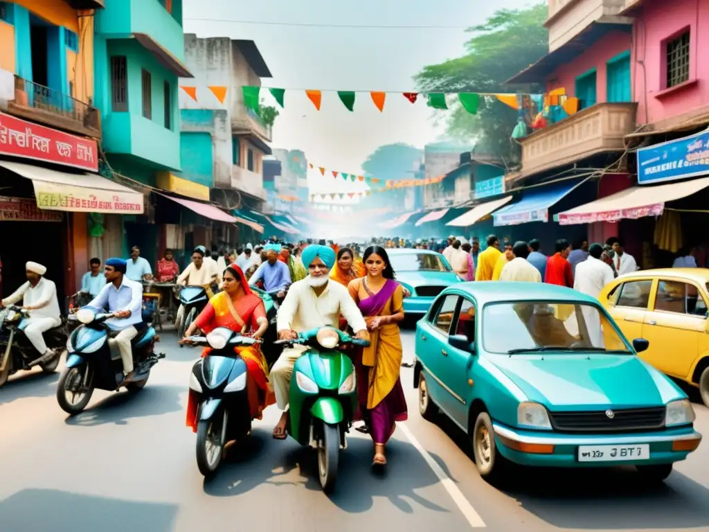 Escena vibrante de una bulliciosa calle en una ciudad india, donde la poesía contemporánea India juega un rol social crucial