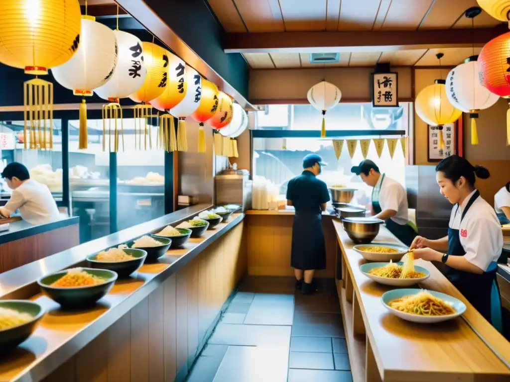 Escena vibrante de una bulliciosa tienda de ramen en Japón, con clientes disfrutando del delicioso caldo mientras chefs trabajan