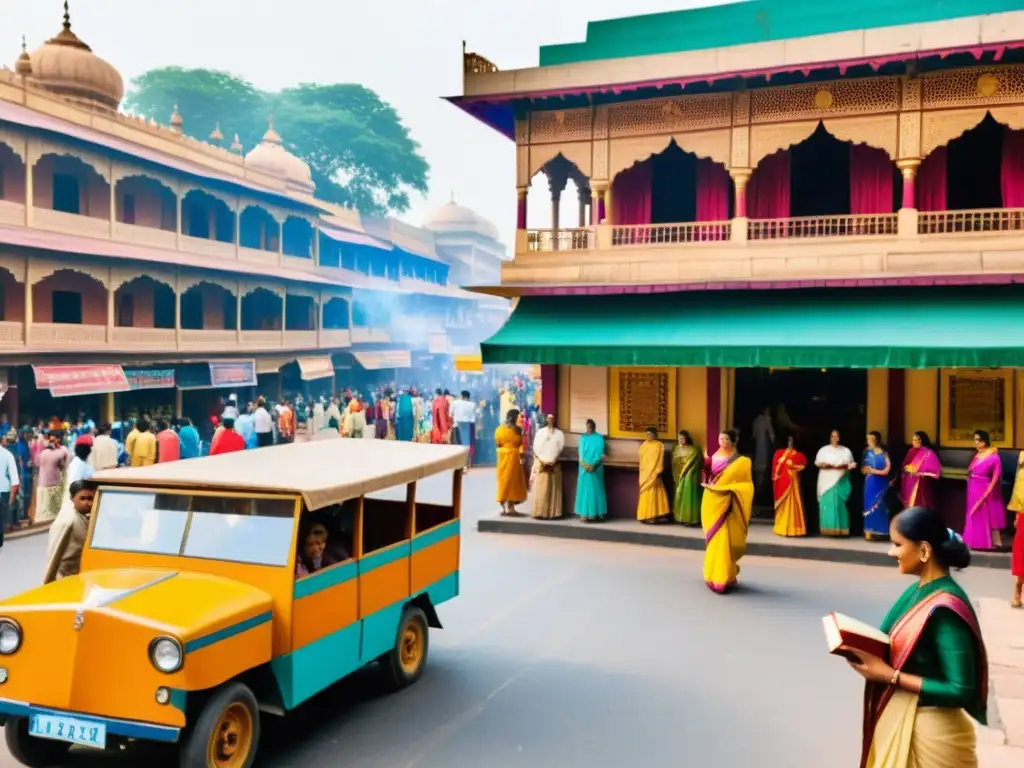 Escena vibrante de una calle en India con literatura antigua y moderna, teatro tradicional y gente vestida con saris y atuendos tradicionales