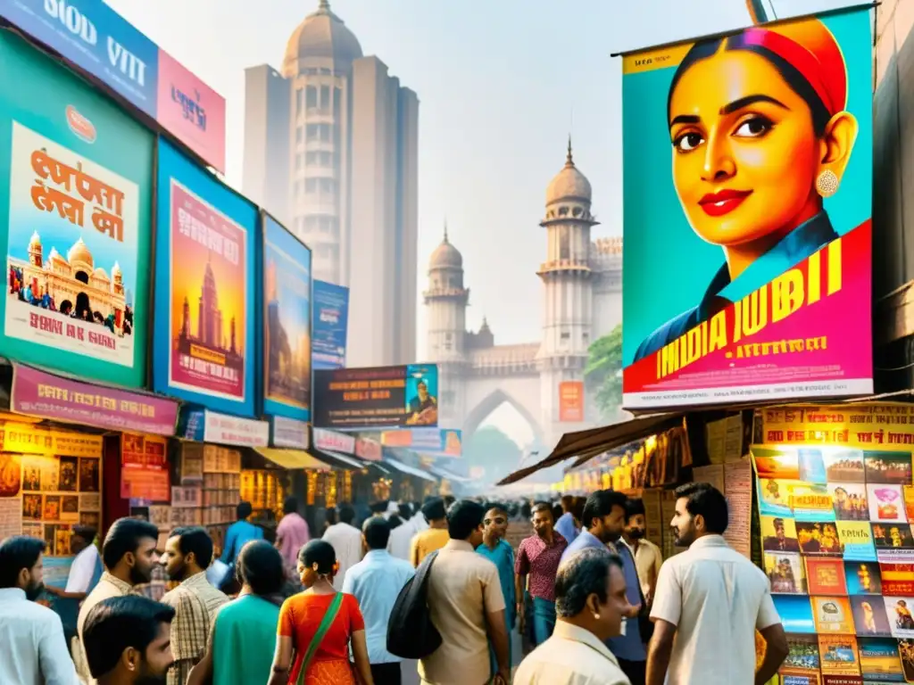 Escena vibrante en una calle de Mumbai, India, llena de carteles de cine y literatura india, reflejando el cambio social