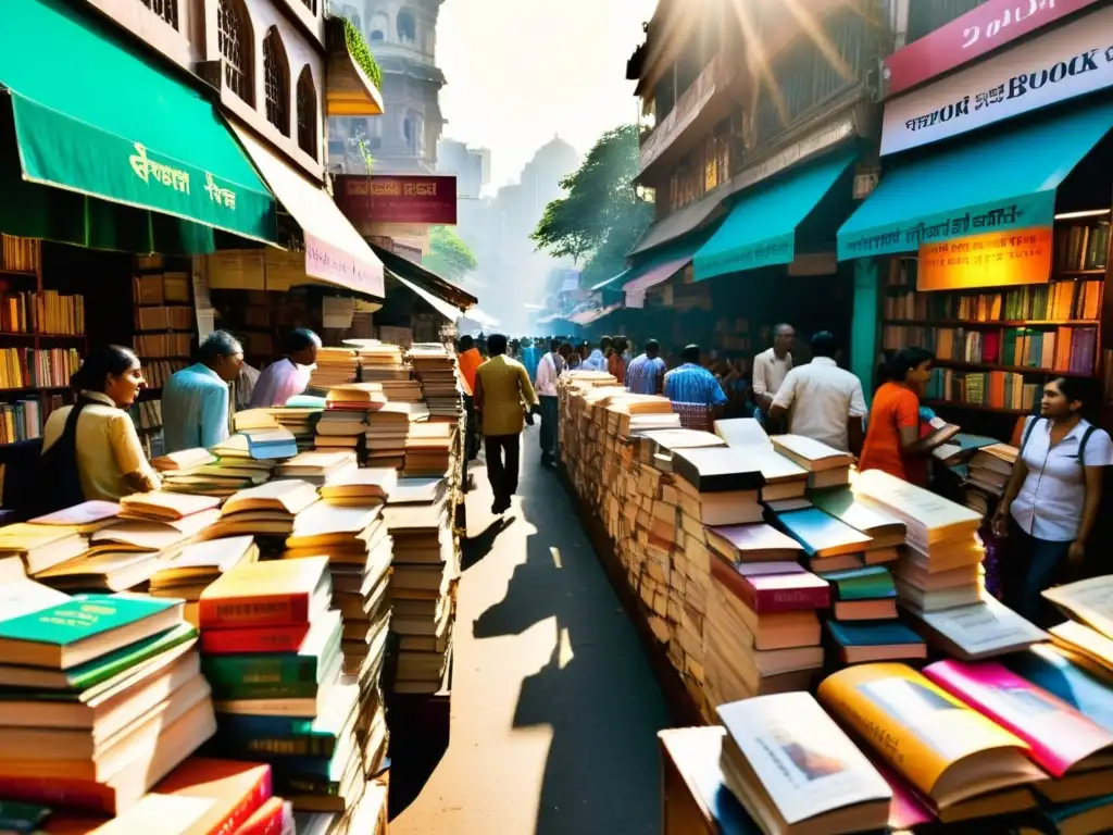 Escena vibrante en una calle de Mumbai, India, con puestos de libros coloridos y lectores entusiastas, reflejando la influencia de la literatura india en el extranjero