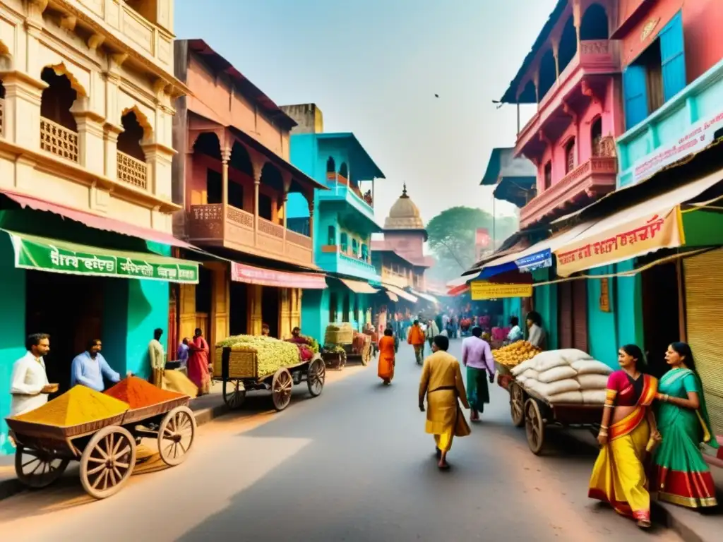 Escena vibrante de calles históricas en India, con edificios coloridos y gente en atuendos tradicionales