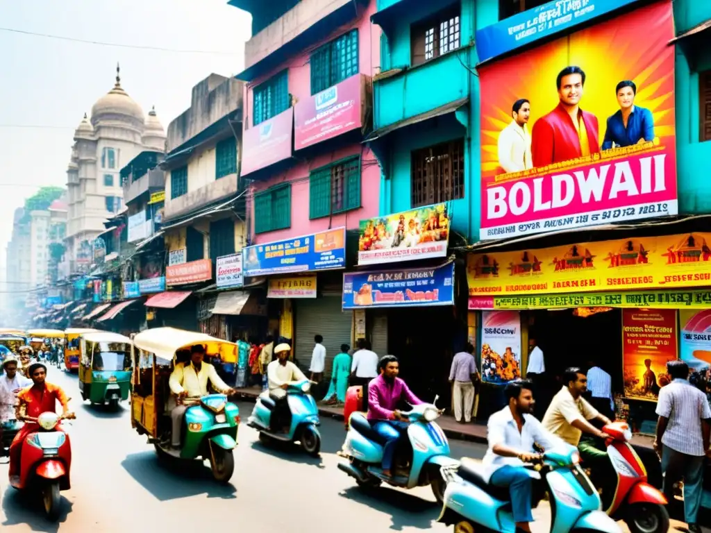 Escena vibrante en Mumbai con carteles de Bollywood, ropa tradicional y ambiente dinámico