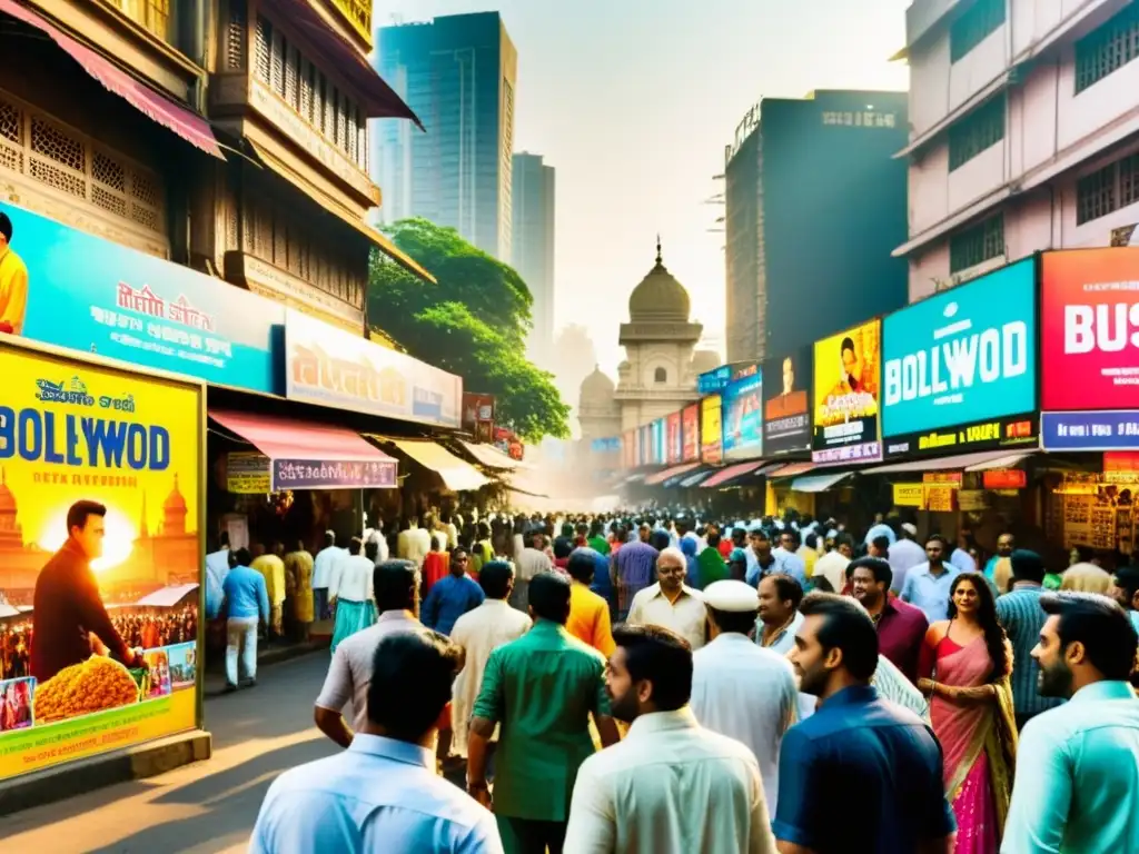 Escena vibrante en Mumbai, India, con carteles de Bollywood, puestos tradicionales y arquitectura moderna y tradicional