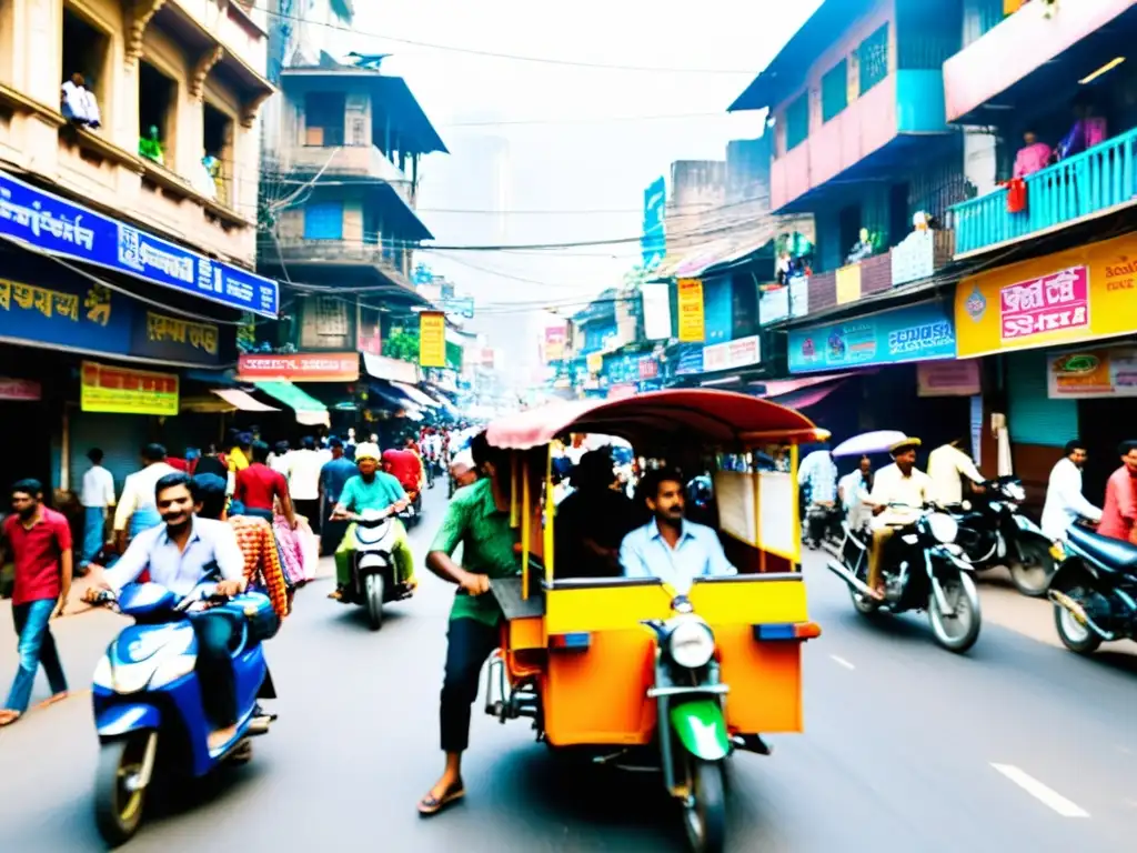 Escena vibrante de Mumbai, India, con colores, bullicio y diversidad, capturando la energía del cine indio conquista audiencias globales