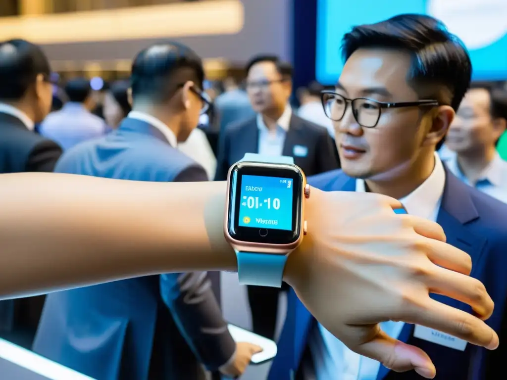 Innovación tecnológica en Shanghai: Feria de wearables Escena vibrante de conferencia de tecnología en Shanghai con innovaciones de tecnología wearable, destacando emprendedores asiáticos