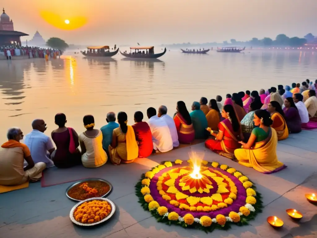 Una escena vibrante en el Ganges, donde devotos realizan puja al amanecer