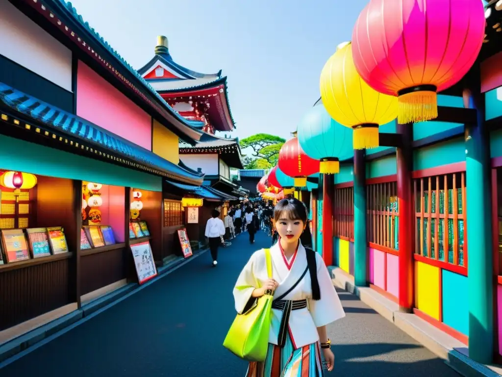 Escena vibrante en Harajuku, Tokio, con expresiones artísticas contemporáneas asiáticas en moda callejera y templos tradicionales