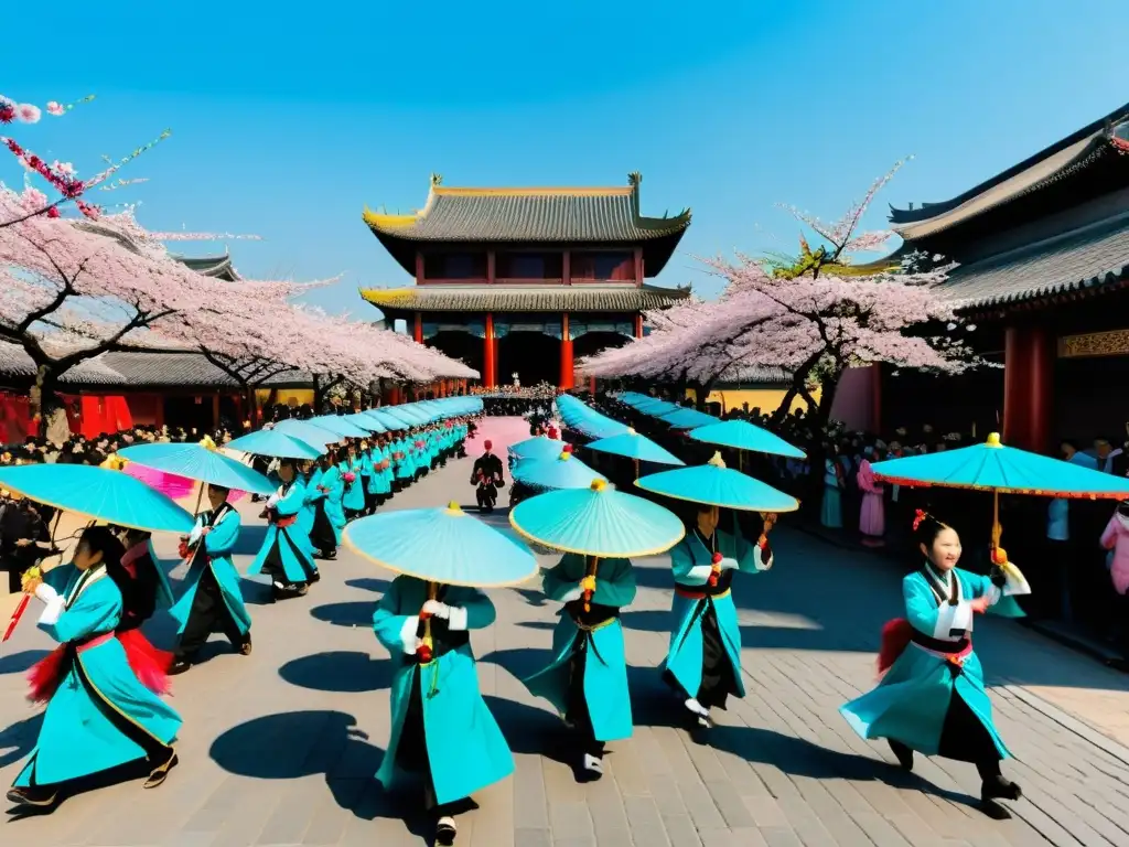 Escena vibrante del Festival de la Primavera Qingming, con gente en trajes tradicionales, danza del dragón y naturaleza imponente