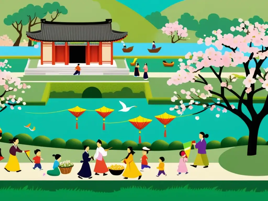 Una escena vibrante de la Fiesta de la Primavera Qingming, con actividades al aire libre y una conexión profunda con la naturaleza