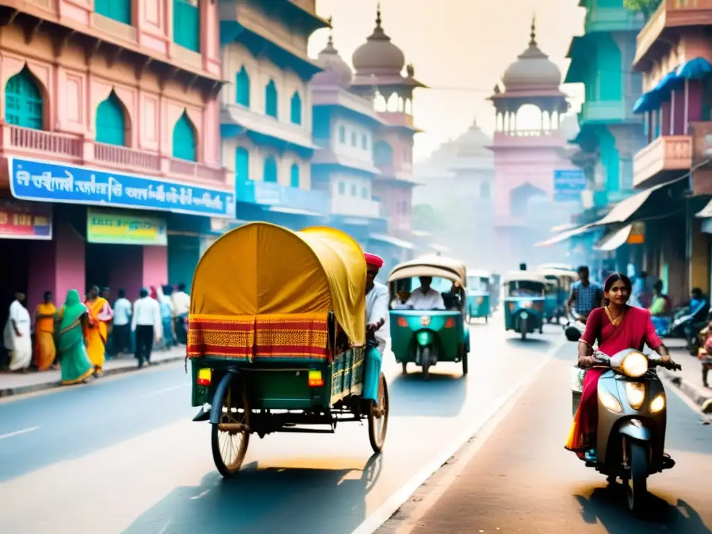 Escena vibrante de la India: coloridos saris y turbantes en la bulliciosa calle, rickshaws y bicicletas entre la gente