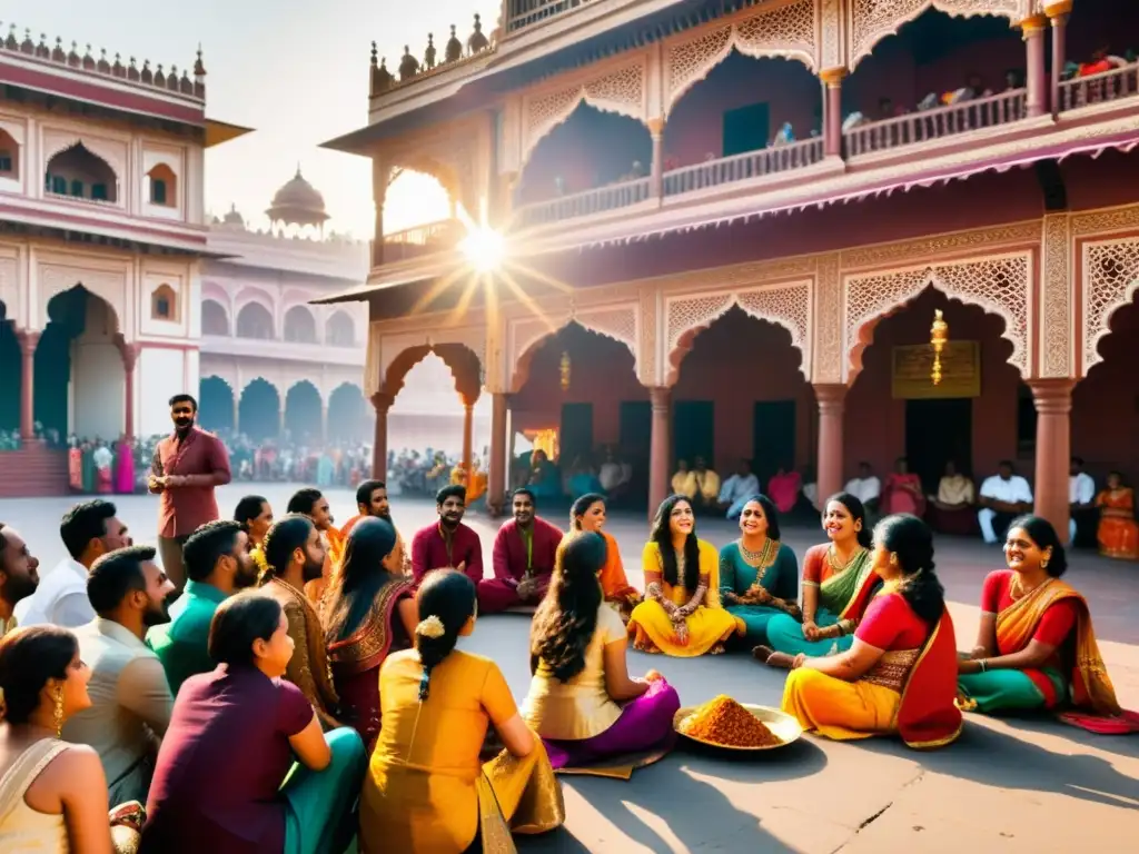 Escena vibrante en la India, con ropa tradicional colorida, diseños de henna e historias cautivadoras