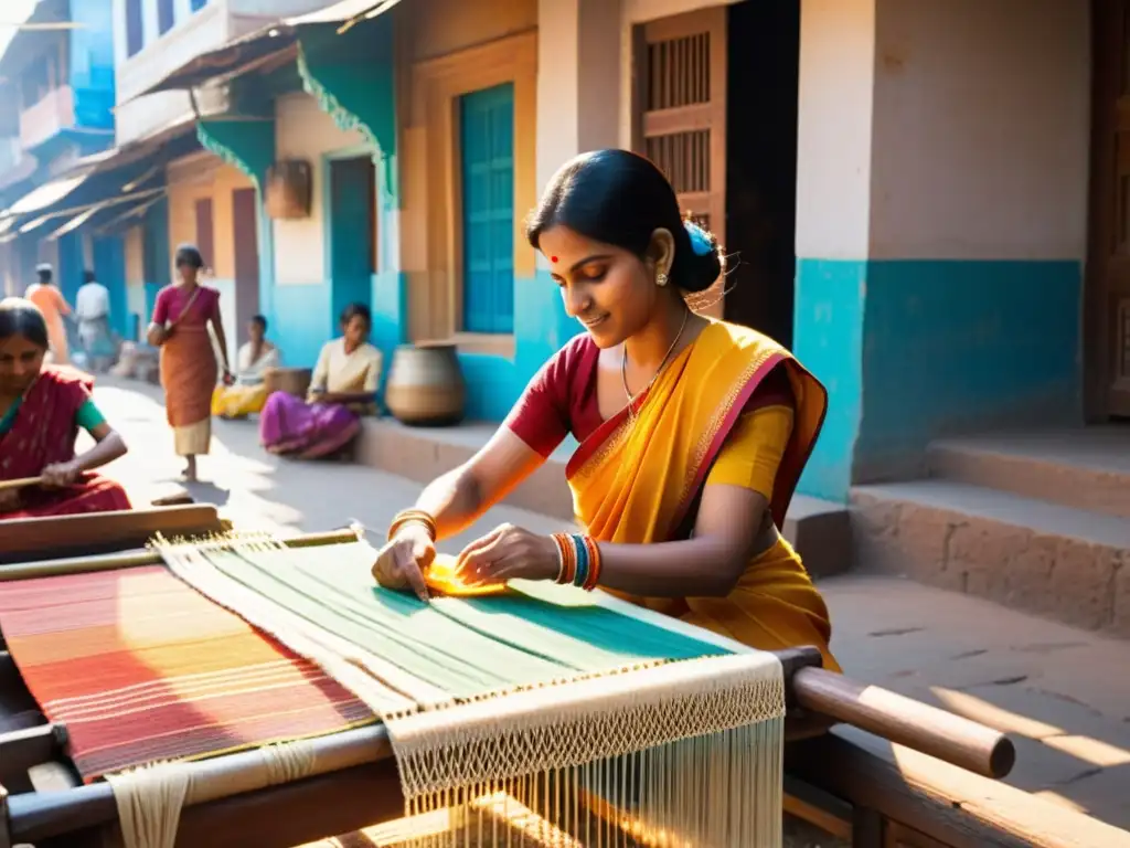 Escena vibrante en India: tejido de Khadi, telas coloridas, artesanos