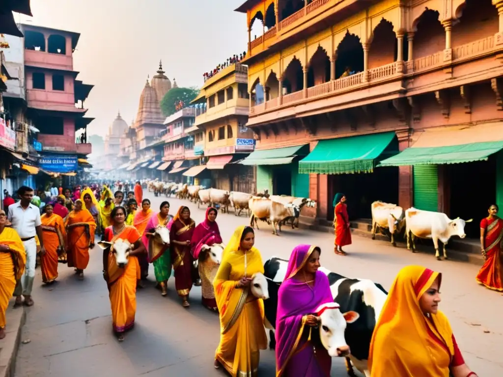 Escena vibrante en Varanasi, India, llena de coloridos saris, vacas sagradas y templos a lo largo del Ganges