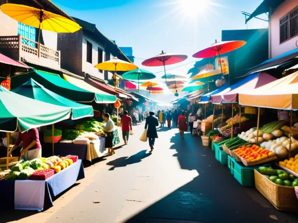 Escena vibrante en un mercado asiático con puestos de colores y gente activa