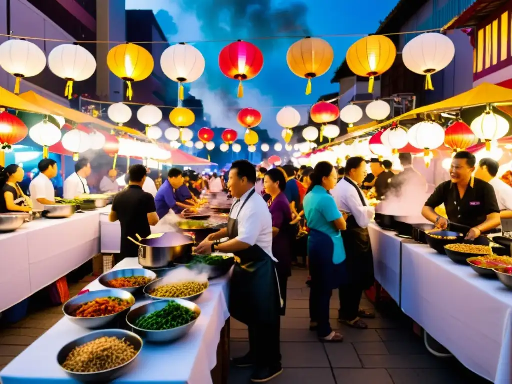 Escena vibrante: Mercado nocturno asiático con chefs expertos y clientes ansiosos