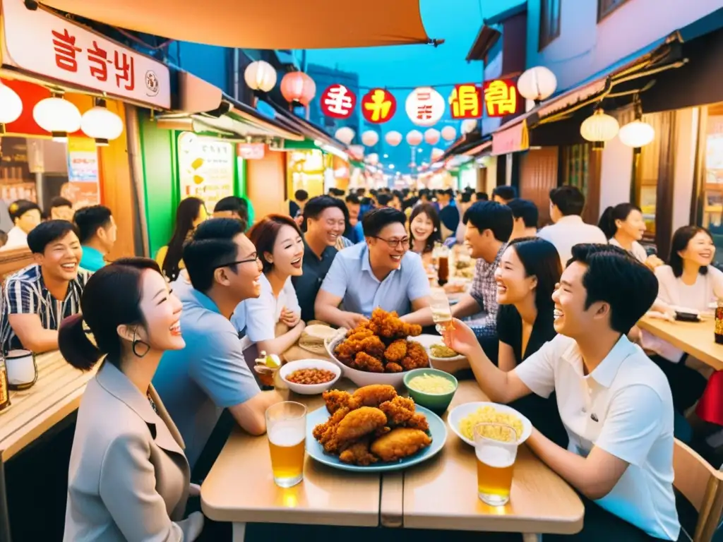 Escena vibrante de un mercado nocturno en Corea del Sur, con amigos disfrutando de chimaek en la cultura asiática entre luces de neón y risas