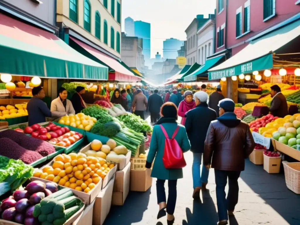 Escena vibrante de un mercado urbano lleno de diversidad y actividad