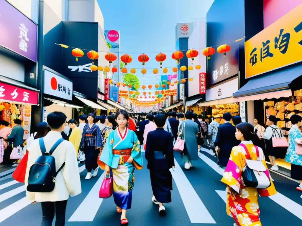 Escena vibrante de moda asiática en las calles de Harajuku, reflejando la inversión en moda asiática impacto global