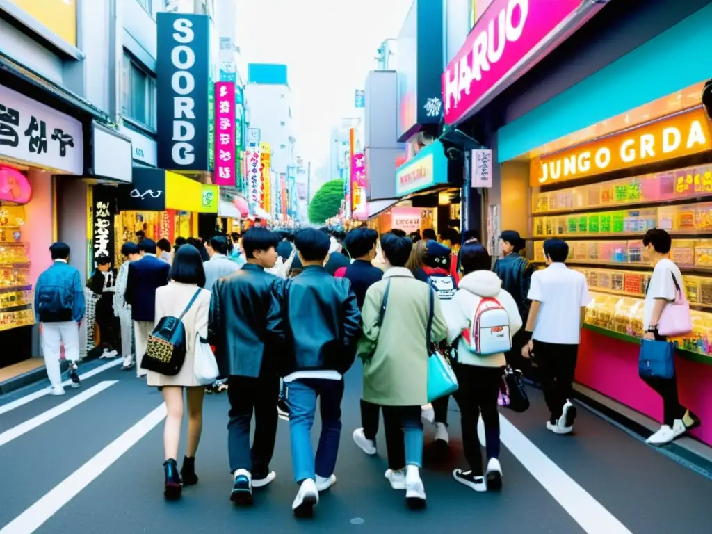 Escena vibrante de moda urbana asiática de lujo en las bulliciosas calles de Harajuku, Tokyo, repleta de jóvenes con estilo y tiendas llamativas