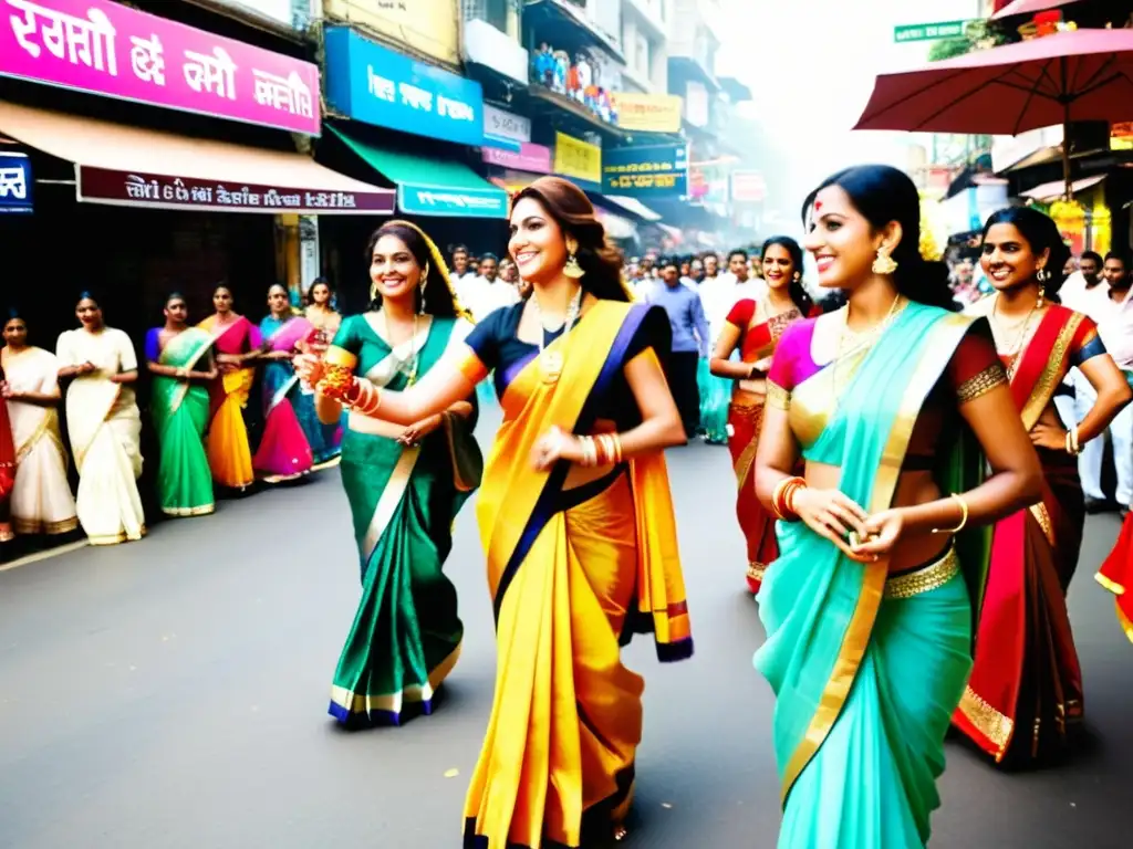 Escena vibrante de romance en el cine indio: coloridos saris, danzas y música tradicional en una bulliciosa calle de Mumbai