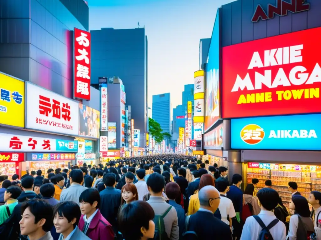 Escena vibrante en Akihabara, Tokyo, con tiendas de anime y multitudes