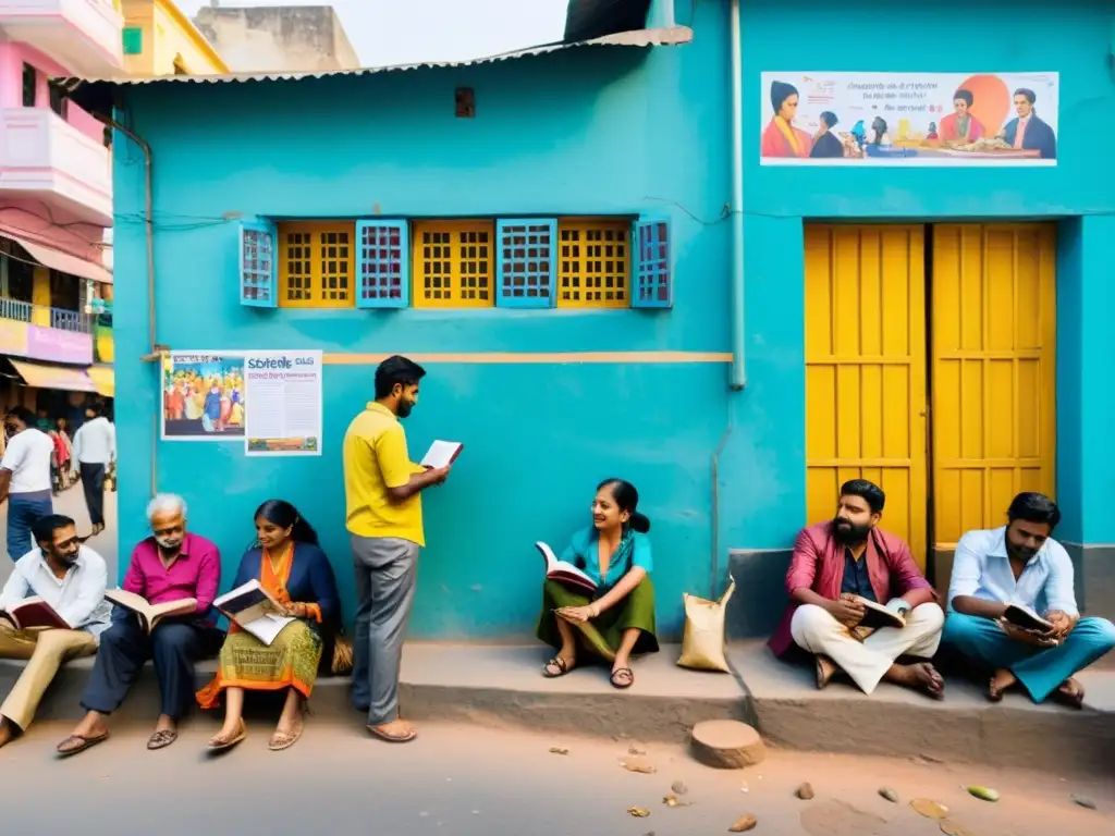 Escena vibrante de la vida callejera en India con murales coloridos que muestran poesía contemporánea, reflejando el rol social en la sociedad