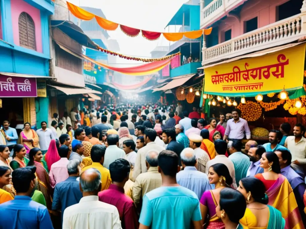 Escena vibrante de la vida contemporánea en la India, con poetas recitando versos en medio de la bulliciosa multitud y música tradicional de fondo